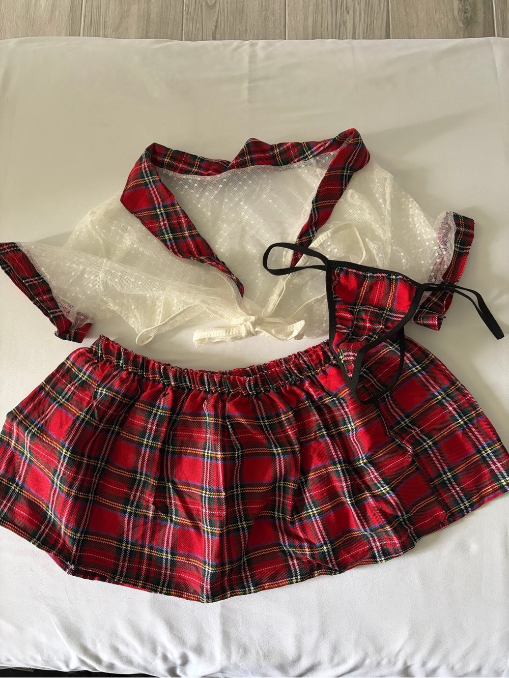 Plaid Red Tartan Mini Skirt & Sheer Cream Tie-Front Top Set